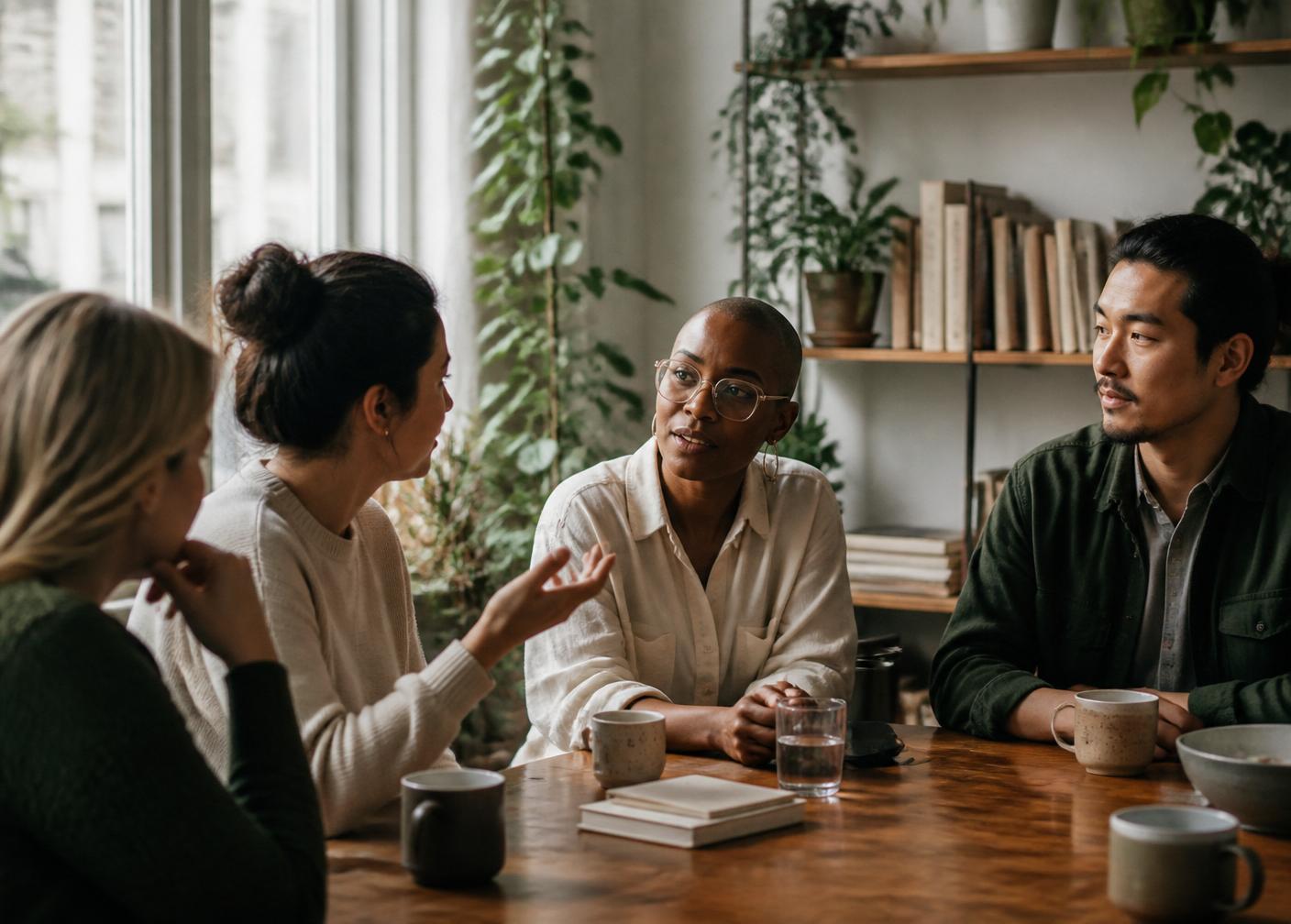 A small, diverse group in warm conversation around a wooden table