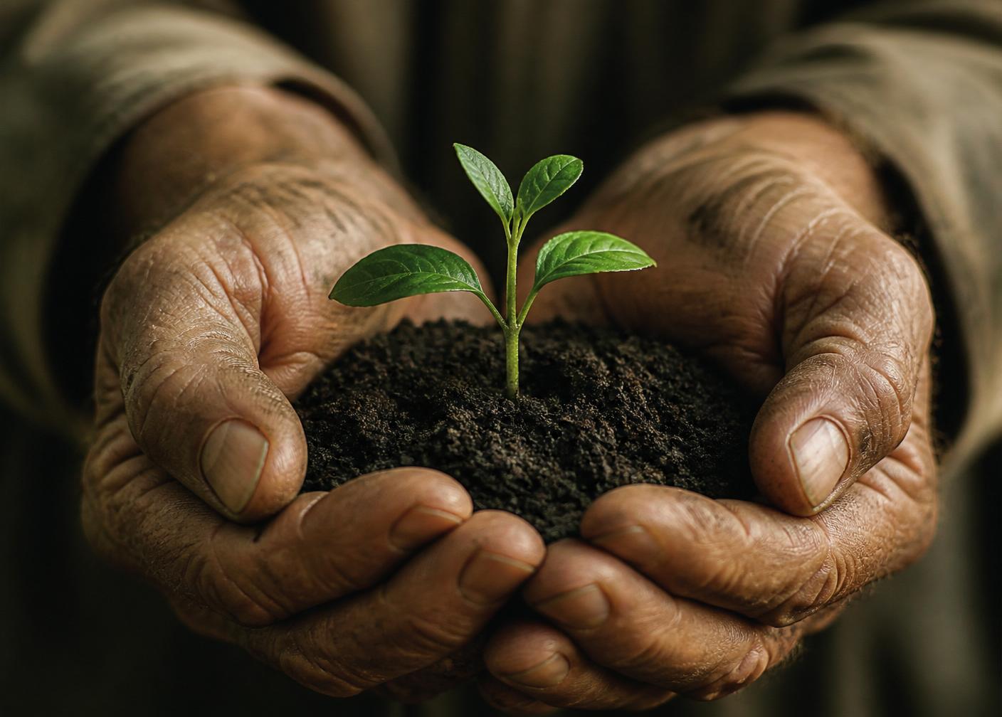 Weathered hands cradling dark soil with a small green seedling