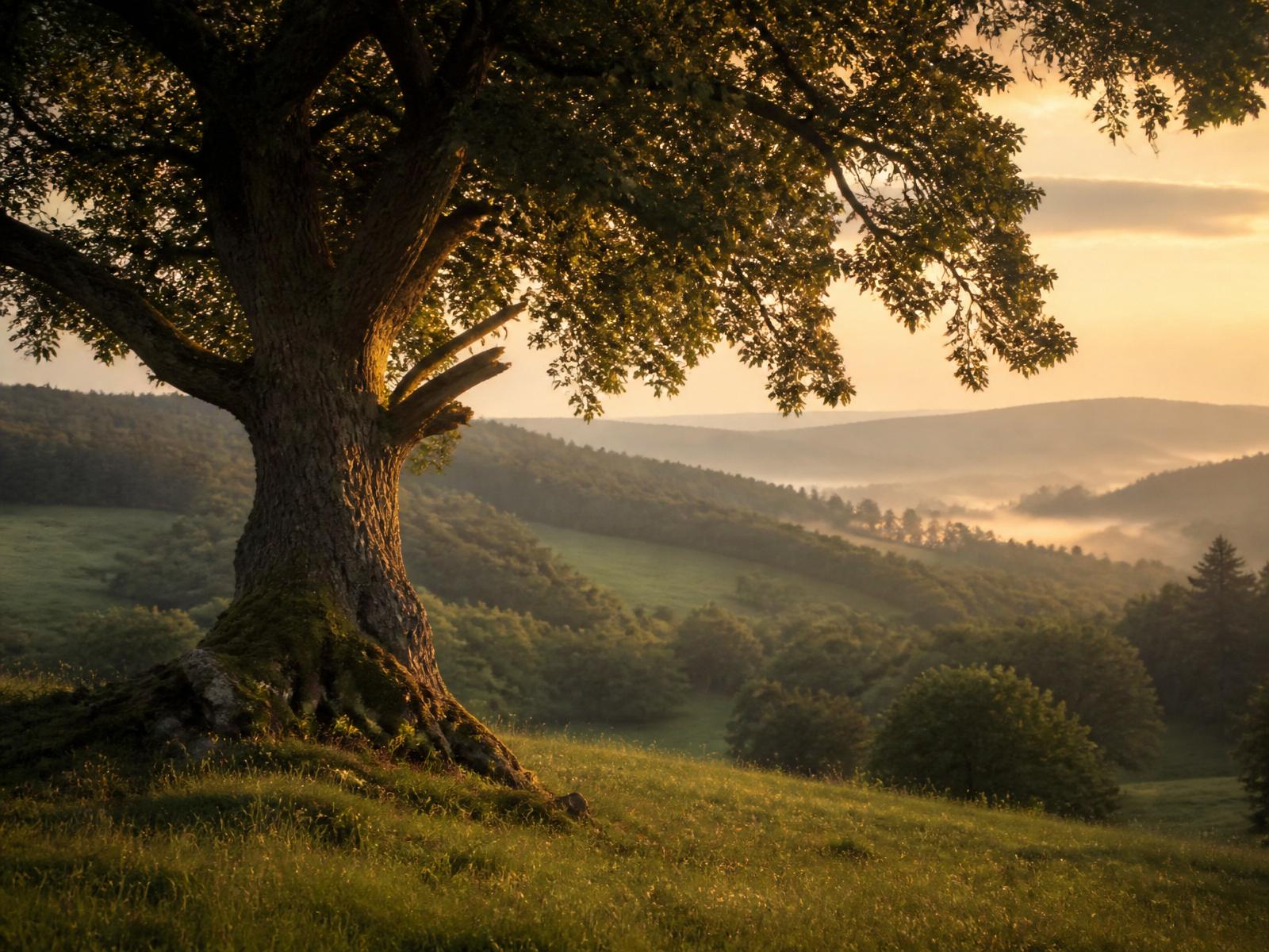 A weathered oak on a misty hillside at golden hour — a landscape of long stewardship